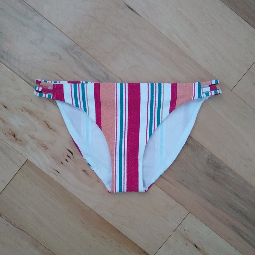 Roxy Striped Bikini Bottom in Pink, Orange, Teal and White
